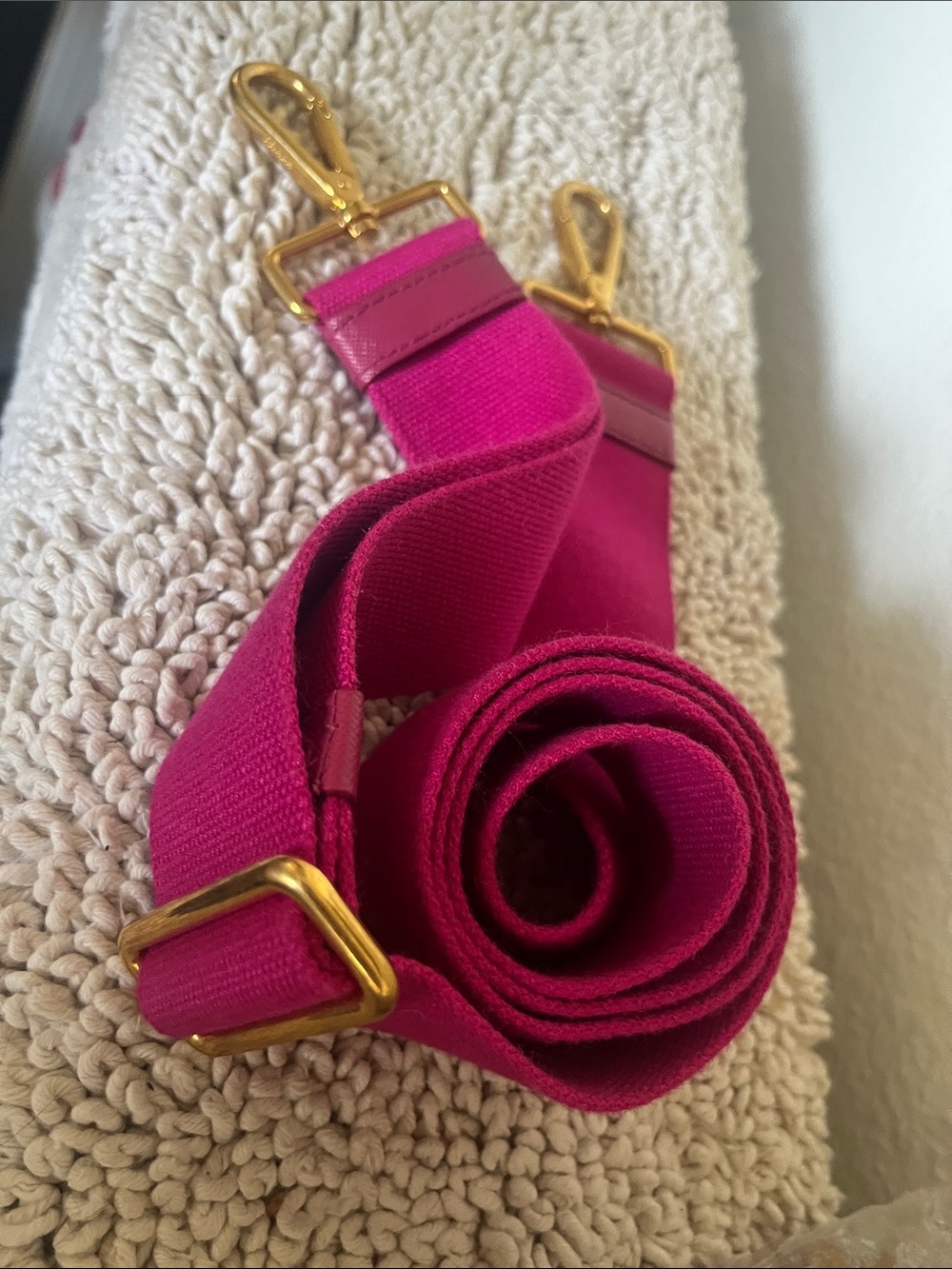 Prada Cannapa Wide Adjustable Bag Strap in berry with Gold Hardware callout